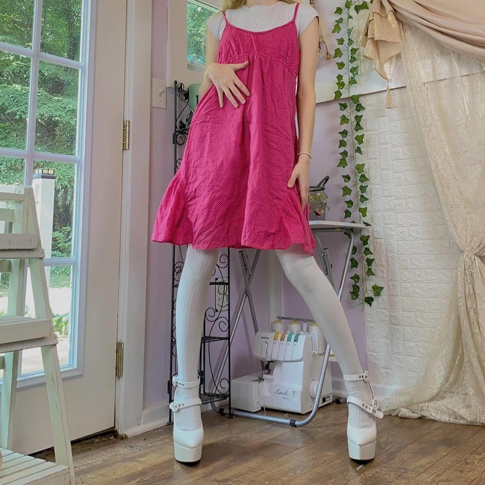 American eagle hot pink polkadot empire waistline tiered mini dress